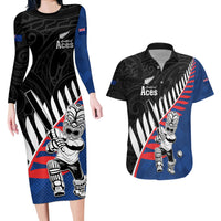 Custom New Zealand Auckland Cricket Couples Matching Long Sleeve Bodycon Dress and Hawaiian Shirt With Maori Pattern LT05 Blue - Polynesian Pride