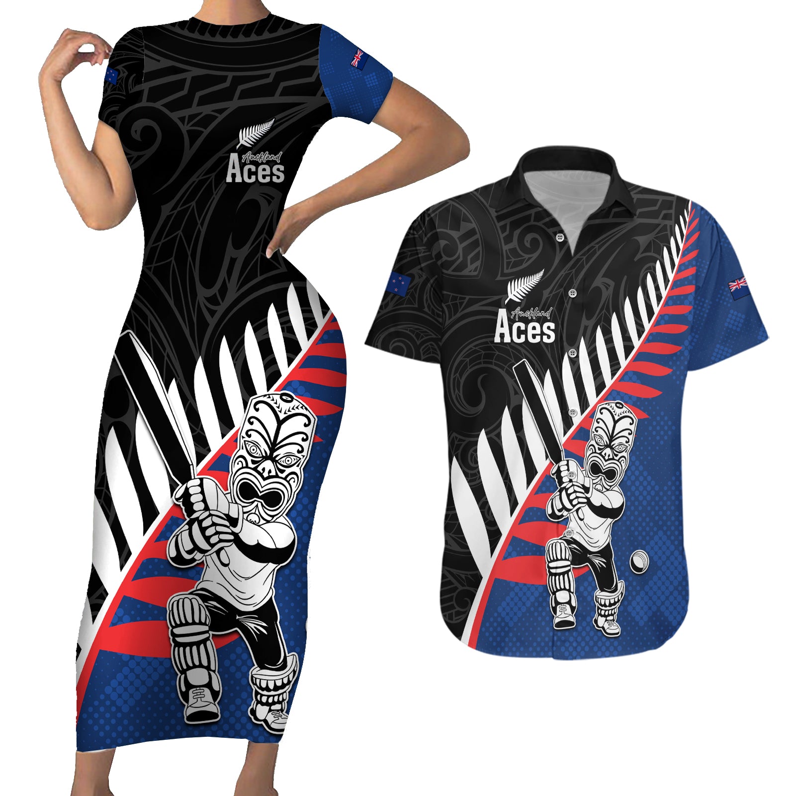 Custom New Zealand Auckland Cricket Couples Matching Short Sleeve Bodycon Dress and Hawaiian Shirt With Maori Pattern