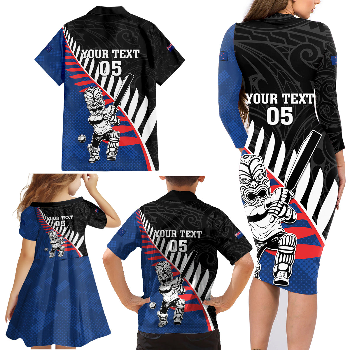 Custom New Zealand Auckland Cricket Family Matching Long Sleeve Bodycon Dress and Hawaiian Shirt With Maori Pattern LT05 - Polynesian Pride