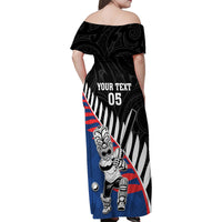 Custom New Zealand Auckland Cricket Family Matching Off Shoulder Maxi Dress and Hawaiian Shirt With Maori Pattern
