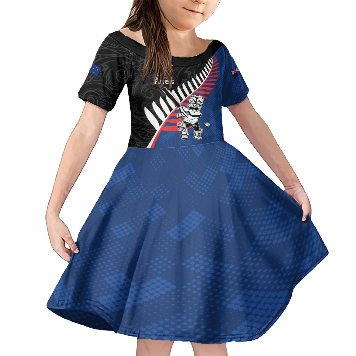 Custom New Zealand Auckland Cricket Family Matching Off Shoulder Short Dress and Hawaiian Shirt With Maori Pattern LT05 Daughter's Dress Blue - Polynesian Pride