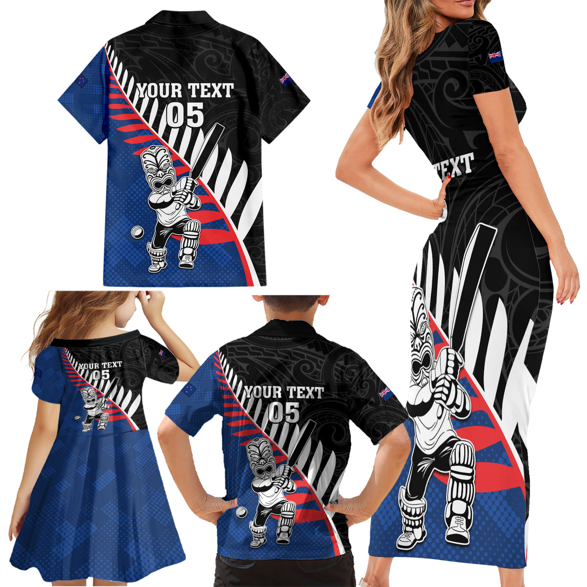 Custom New Zealand Auckland Cricket Family Matching Short Sleeve Bodycon Dress and Hawaiian Shirt With Maori Pattern LT05 - Polynesian Pride
