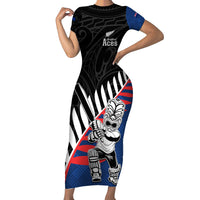 Custom New Zealand Auckland Cricket Family Matching Short Sleeve Bodycon Dress and Hawaiian Shirt With Maori Pattern LT05 Mom's Dress Blue - Polynesian Pride