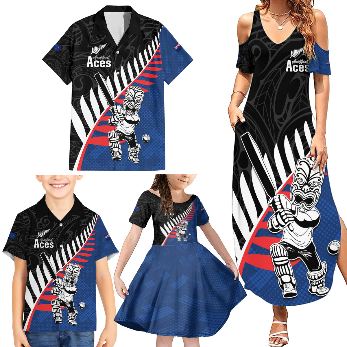 Custom New Zealand Auckland Cricket Family Matching Summer Maxi Dress and Hawaiian Shirt With Maori Pattern LT05 - Polynesian Pride