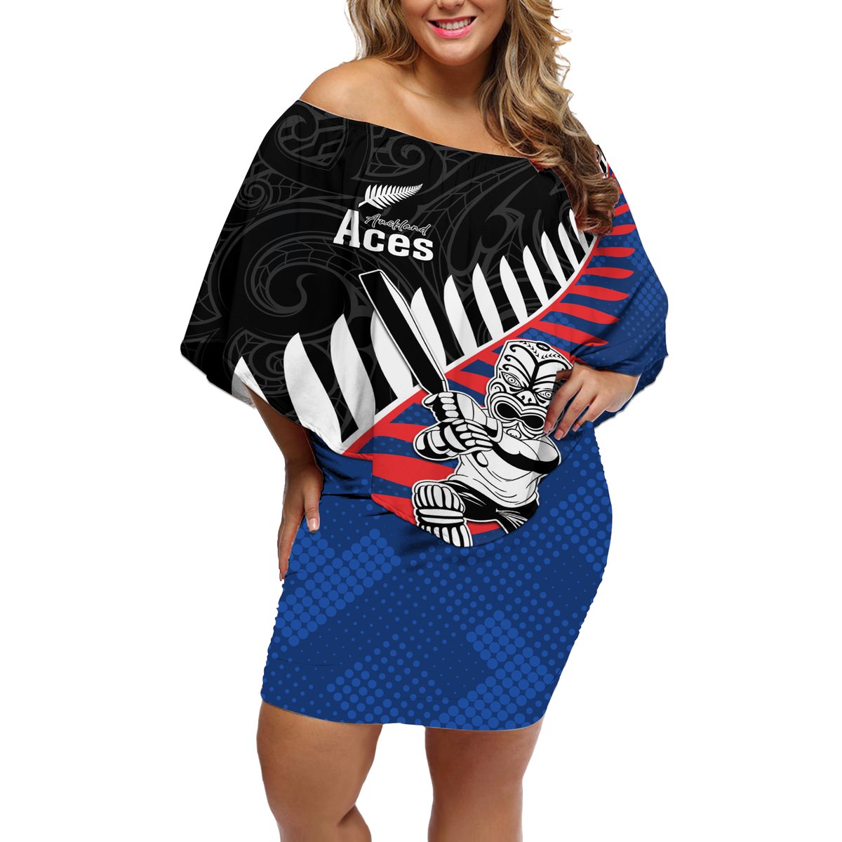 Custom New Zealand Auckland Cricket Off Shoulder Short Dress With Maori Pattern