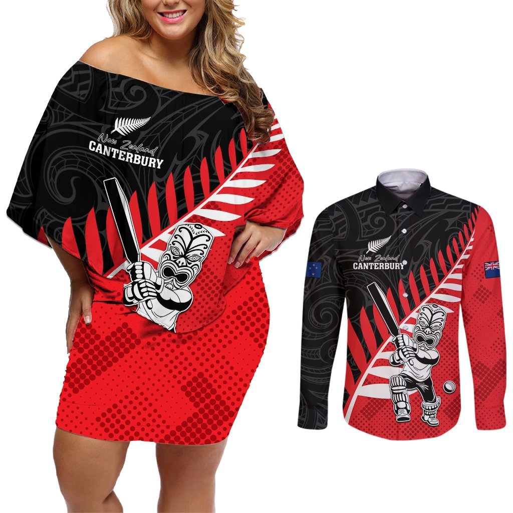 Custom New Zealand Canterbury Cricket Couples Matching Off Shoulder Short Dress and Long Sleeve Button Shirt With Maori Pattern LT05 Red - Polynesian Pride