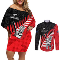 Custom New Zealand Canterbury Cricket Couples Matching Off Shoulder Short Dress and Long Sleeve Button Shirt With Maori Pattern LT05 Red - Polynesian Pride