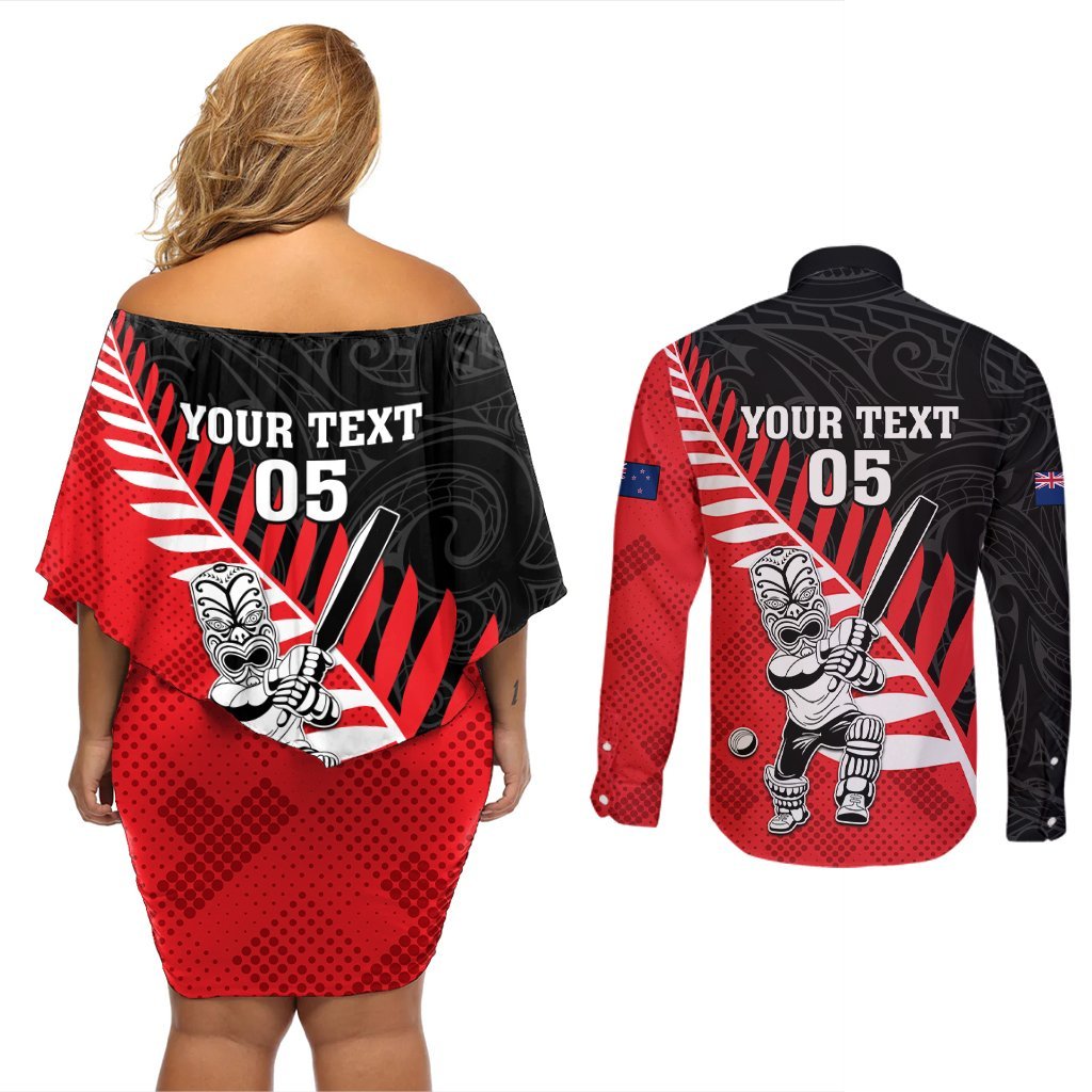 Custom New Zealand Canterbury Cricket Couples Matching Off Shoulder Short Dress and Long Sleeve Button Shirt With Maori Pattern LT05 - Polynesian Pride
