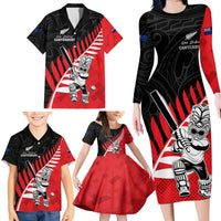 Custom New Zealand Canterbury Cricket Family Matching Long Sleeve Bodycon Dress and Hawaiian Shirt With Maori Pattern LT05 - Polynesian Pride