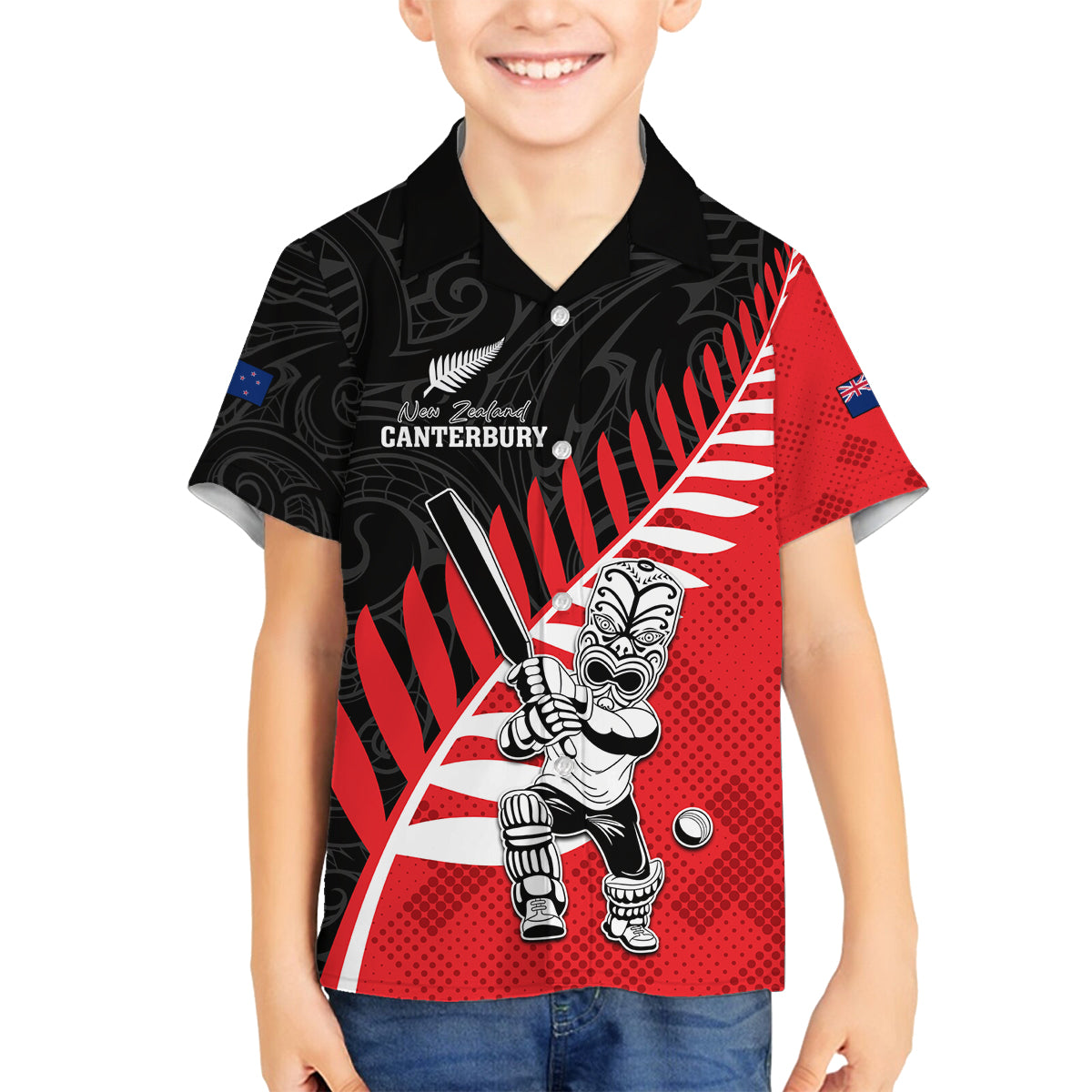 Custom New Zealand Canterbury Cricket Family Matching Long Sleeve Bodycon Dress and Hawaiian Shirt With Maori Pattern LT05 Son's Shirt Red - Polynesian Pride
