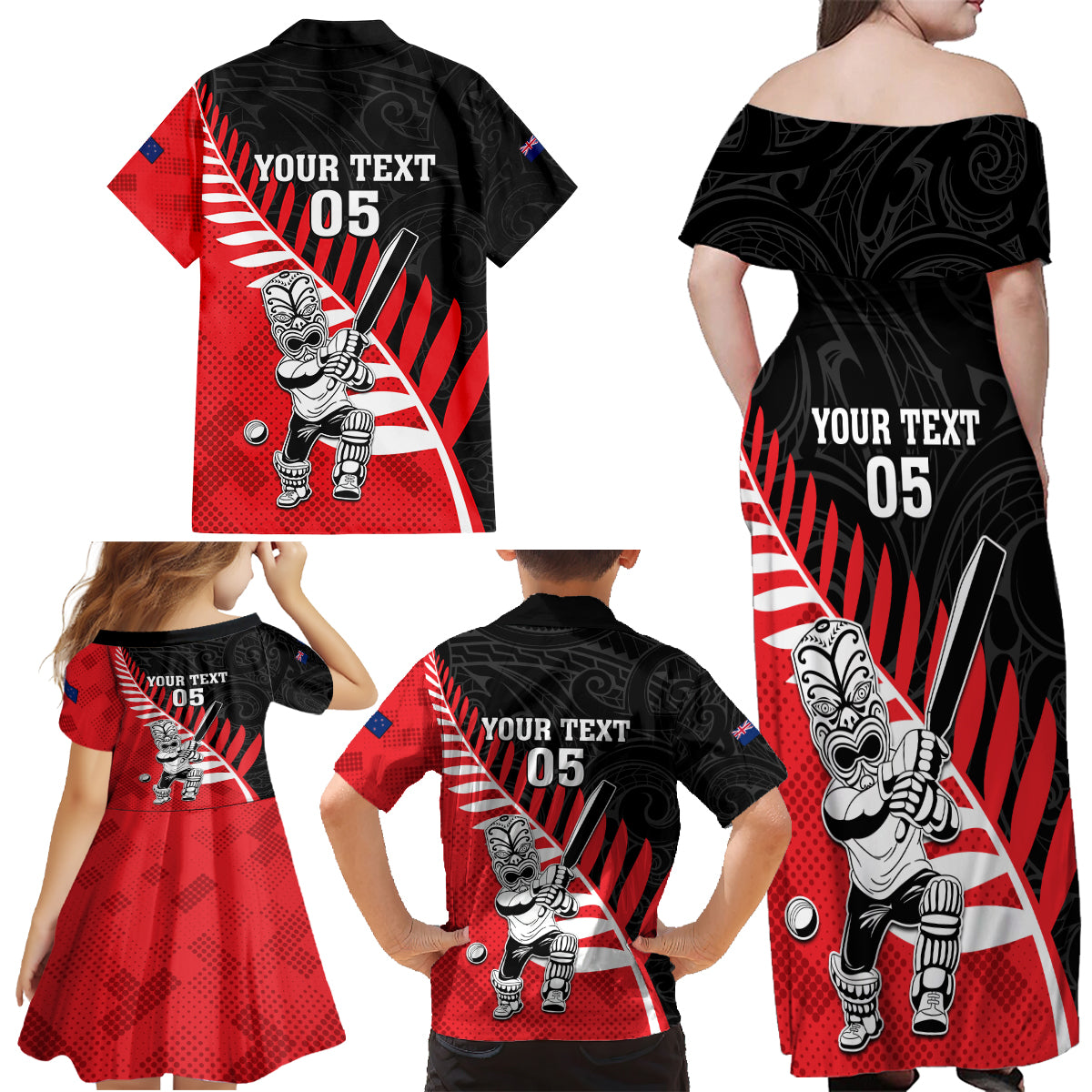 Custom New Zealand Canterbury Cricket Family Matching Off Shoulder Maxi Dress and Hawaiian Shirt With Maori Pattern