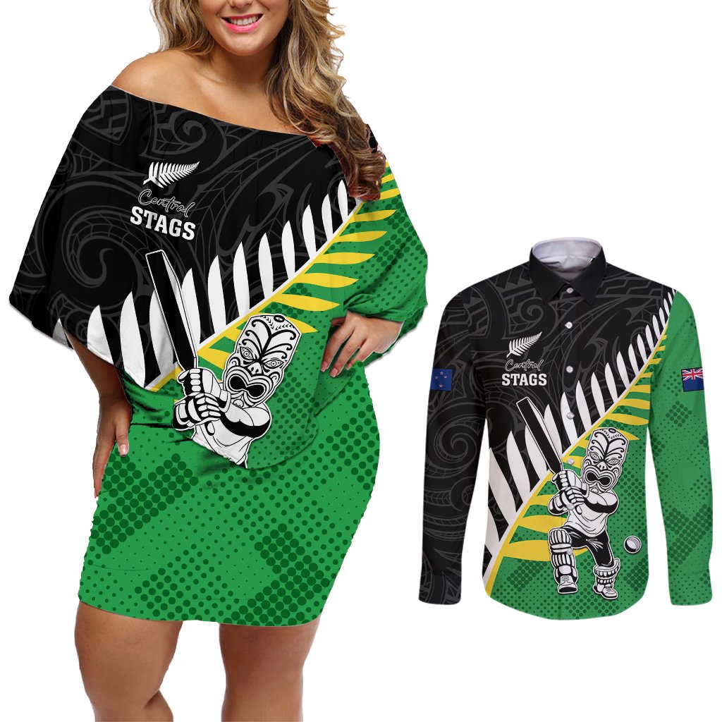 Custom New Zealand Central Districts Cricket Couples Matching Off Shoulder Short Dress and Long Sleeve Button Shirt With Maori Pattern