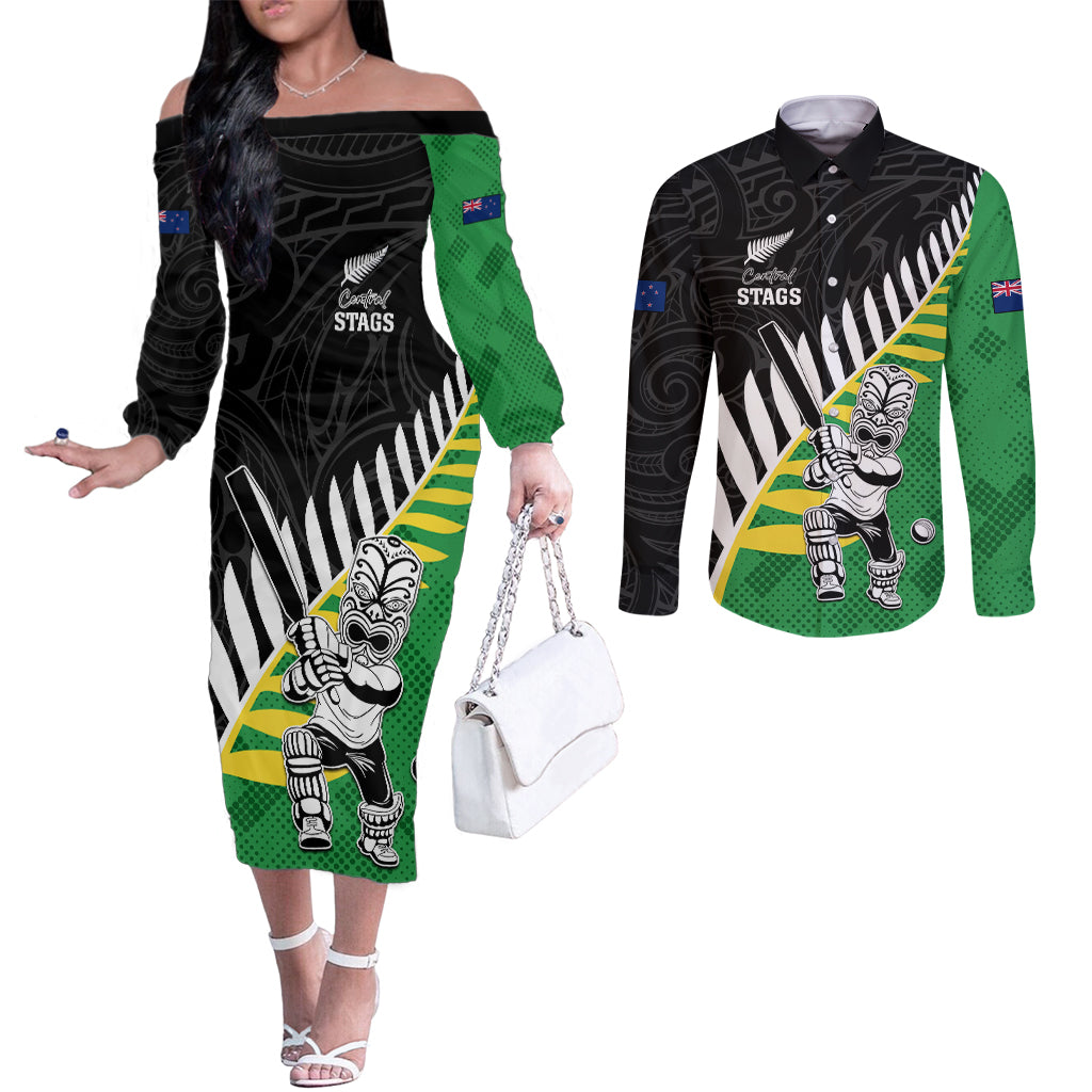 Custom New Zealand Central Districts Cricket Couples Matching Off The Shoulder Long Sleeve Dress and Long Sleeve Button Shirt With Maori Pattern LT05 Green - Polynesian Pride