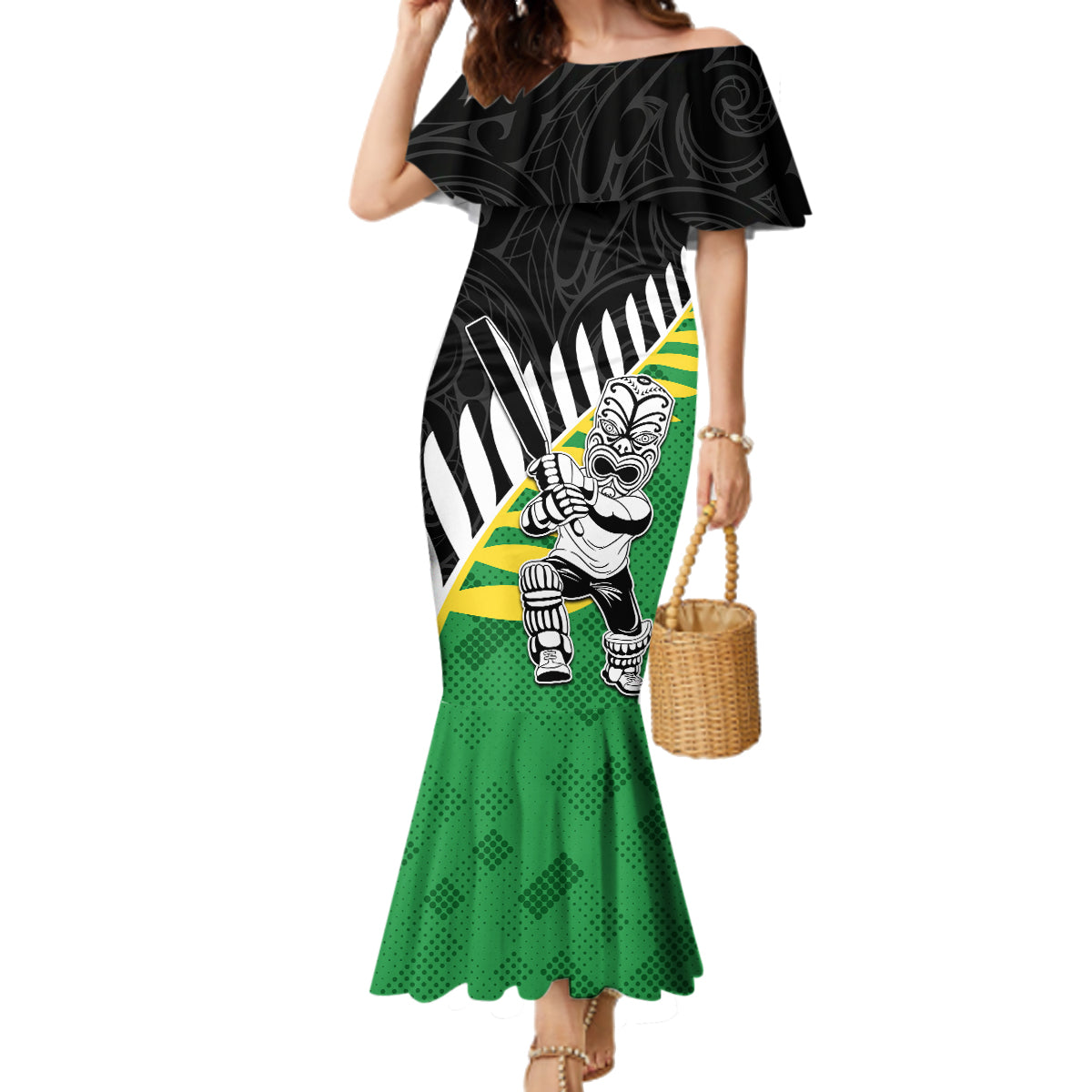 Custom New Zealand Central Districts Cricket Family Matching Mermaid Dress and Hawaiian Shirt With Maori Pattern LT05 Mom's Dress Green - Polynesian Pride