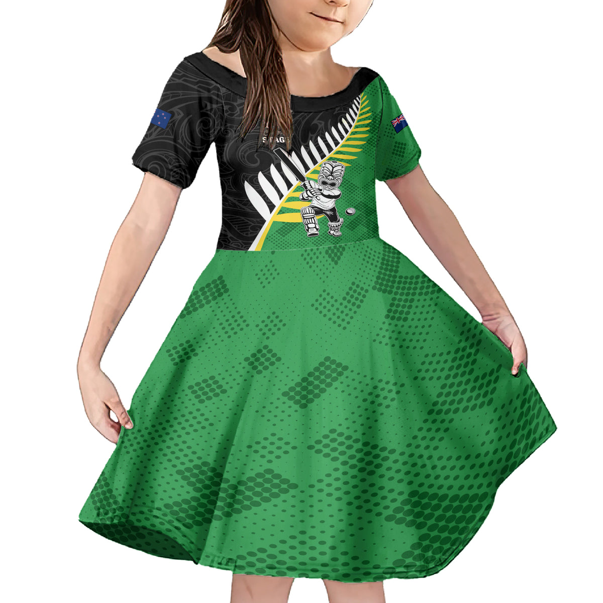 Custom New Zealand Central Districts Cricket Family Matching Short Sleeve Bodycon Dress and Hawaiian Shirt With Maori Pattern LT05 Daughter's Dress Green - Polynesian Pride