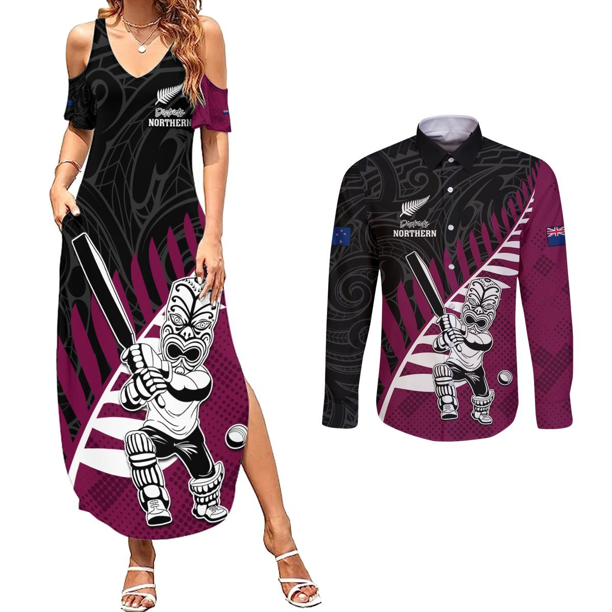 Custom New Zealand Northern Districts Cricket Couples Matching Summer Maxi Dress and Long Sleeve Button Shirt With Maori Pattern LT05 Maroon - Polynesian Pride