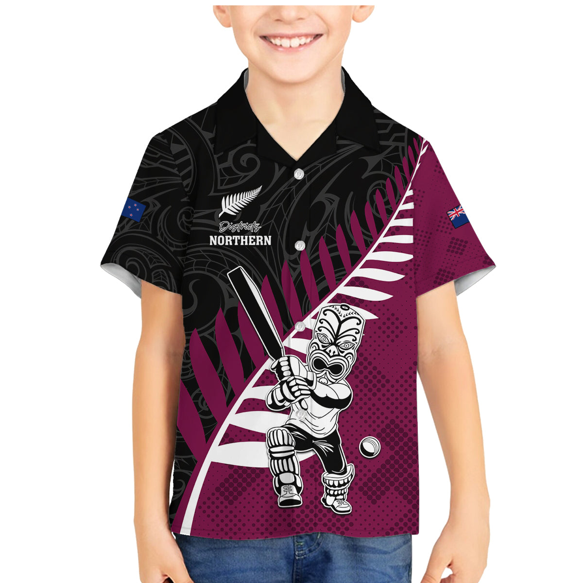 Custom New Zealand Northern Districts Cricket Family Matching Mermaid Dress and Hawaiian Shirt With Maori Pattern LT05 Son's Shirt Maroon - Polynesian Pride