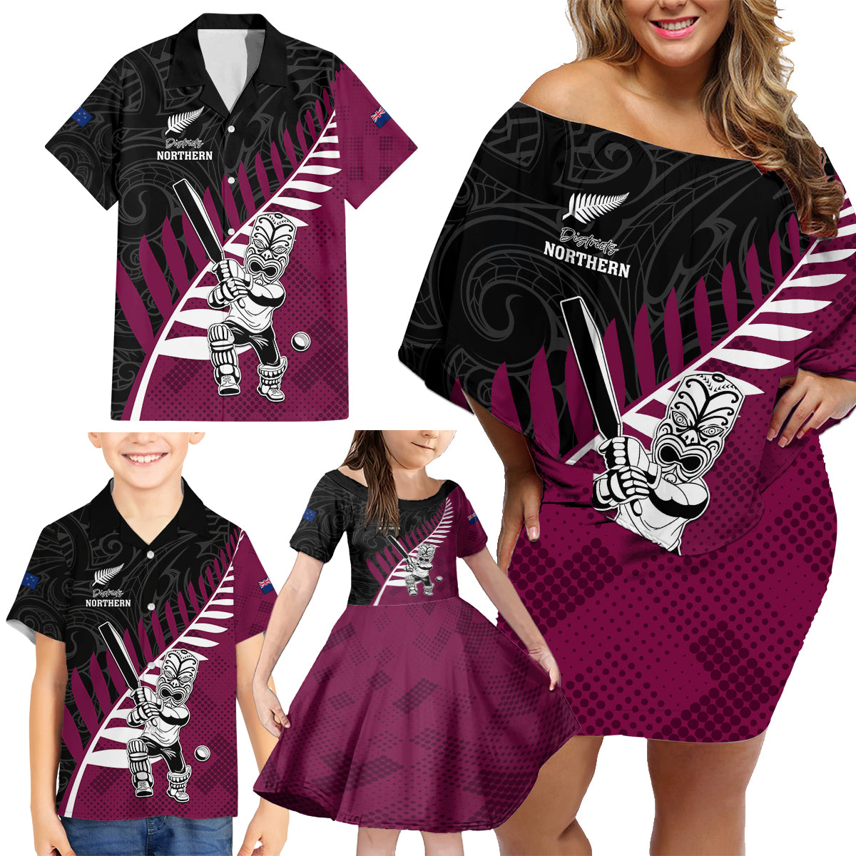 Custom New Zealand Northern Districts Cricket Family Matching Off Shoulder Short Dress and Hawaiian Shirt With Maori Pattern LT05 - Polynesian Pride
