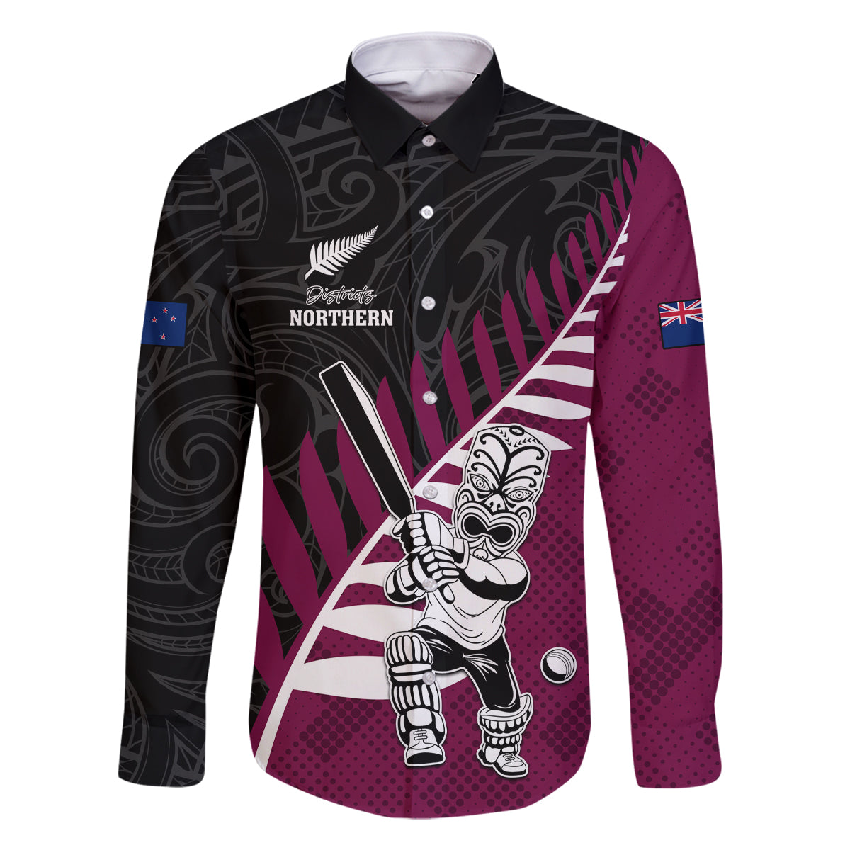 Custom New Zealand Northern Districts Cricket Family Matching Off Shoulder Short Dress and Hawaiian Shirt With Maori Pattern LT05 Dad's Shirt - Long Sleeve Maroon - Polynesian Pride