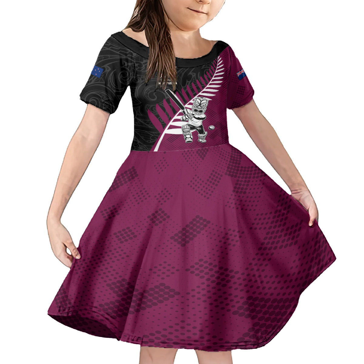 Custom New Zealand Northern Districts Cricket Family Matching Puletasi and Hawaiian Shirt With Maori Pattern LT05 Daughter's Dress Maroon - Polynesian Pride