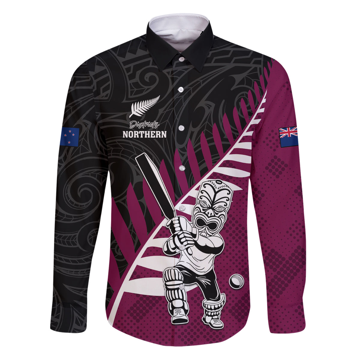Custom New Zealand Northern Districts Cricket Family Matching Puletasi and Hawaiian Shirt With Maori Pattern LT05 Dad's Shirt - Long Sleeve Maroon - Polynesian Pride