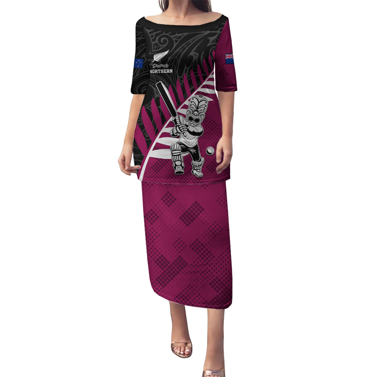 Custom New Zealand Northern Districts Cricket Family Matching Puletasi and Hawaiian Shirt With Maori Pattern LT05 Mom's Dress Maroon - Polynesian Pride