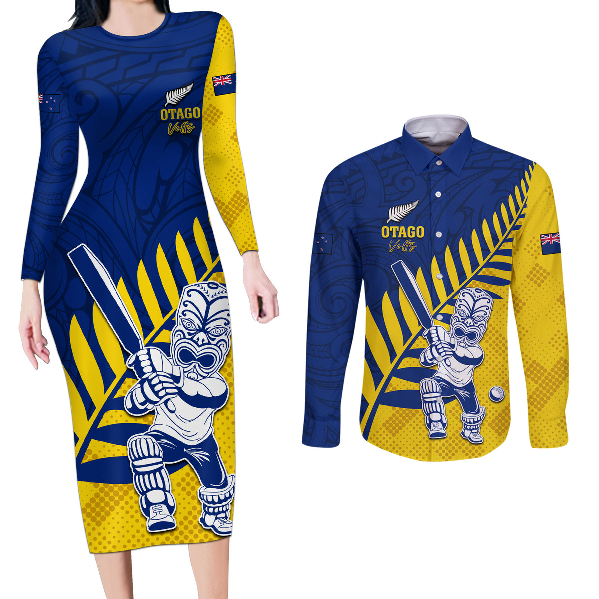 Custom New Zealand Otago Cricket Couples Matching Long Sleeve Bodycon Dress and Long Sleeve Button Shirt With Maori Pattern LT05 Yellow - Polynesian Pride