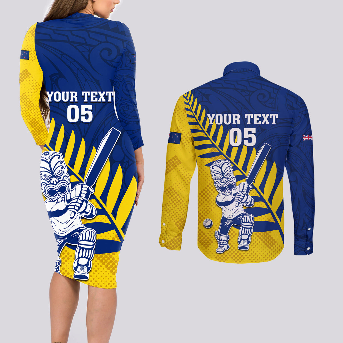 Custom New Zealand Otago Cricket Couples Matching Long Sleeve Bodycon Dress and Long Sleeve Button Shirt With Maori Pattern LT05 - Polynesian Pride
