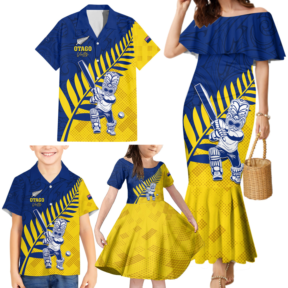 Custom New Zealand Otago Cricket Family Matching Mermaid Dress and Hawaiian Shirt With Maori Pattern LT05 - Polynesian Pride