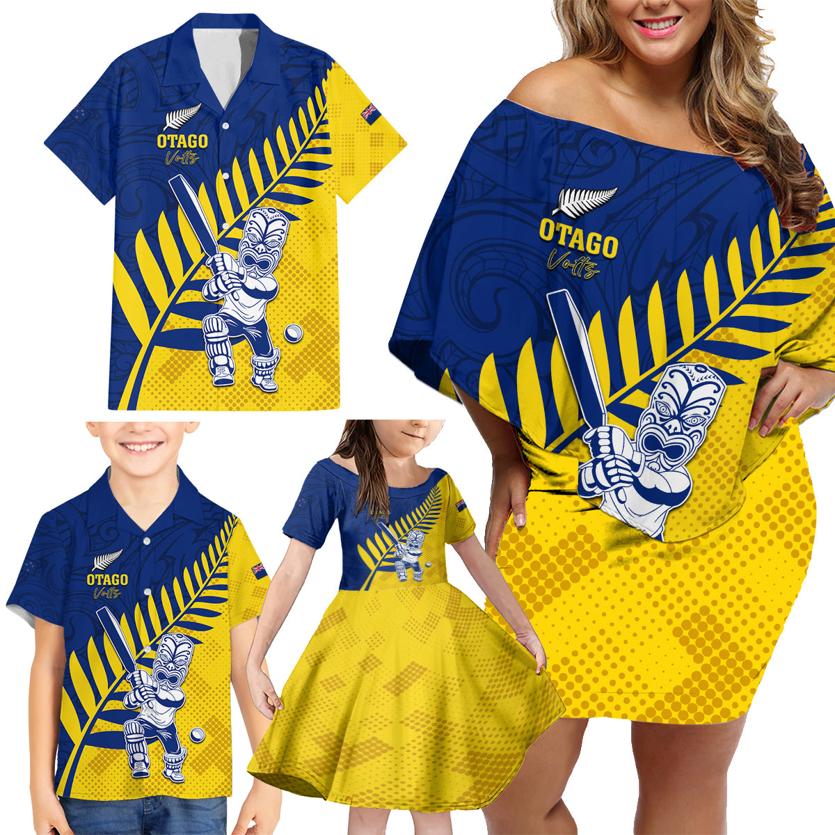 Custom New Zealand Otago Cricket Family Matching Off Shoulder Short Dress and Hawaiian Shirt With Maori Pattern LT05 - Polynesian Pride