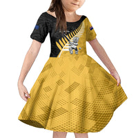Custom New Zealand Wellington Cricket Family Matching Long Sleeve Bodycon Dress and Hawaiian Shirt With Maori Pattern LT05 Daughter's Dress Yellow - Polynesian Pride