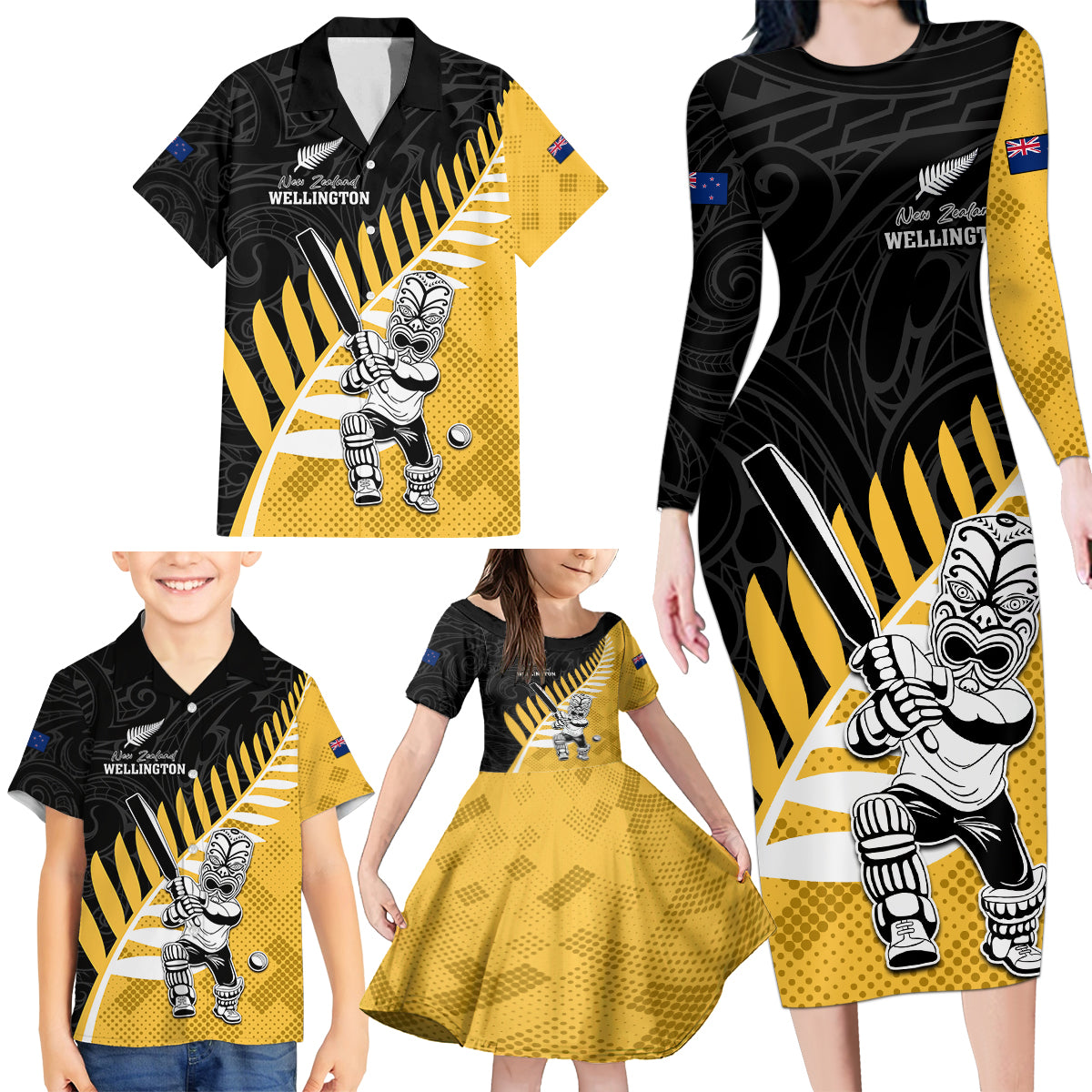 Custom New Zealand Wellington Cricket Family Matching Long Sleeve Bodycon Dress and Hawaiian Shirt With Maori Pattern LT05 - Polynesian Pride