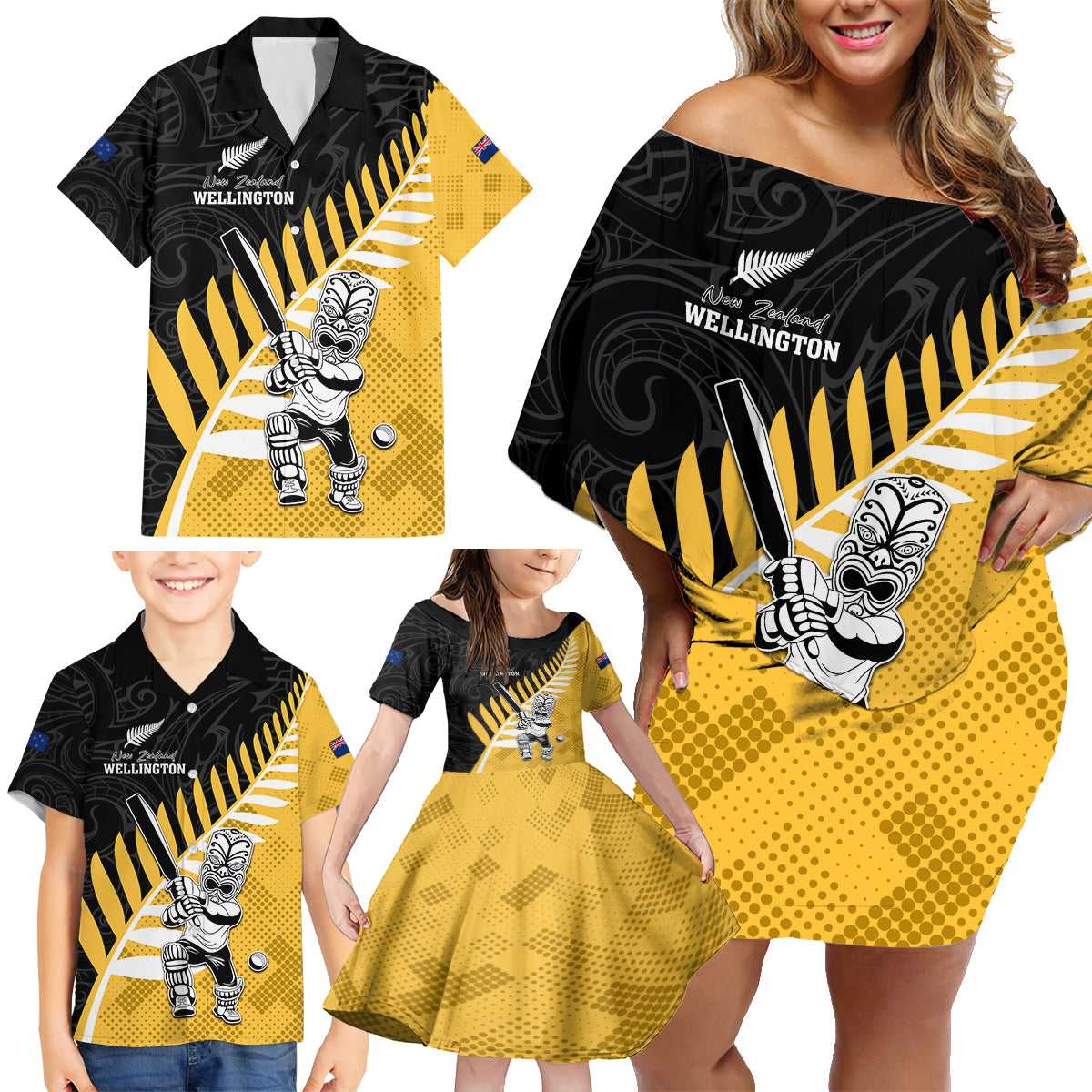 Custom New Zealand Wellington Cricket Family Matching Off Shoulder Short Dress and Hawaiian Shirt With Maori Pattern LT05 - Polynesian Pride