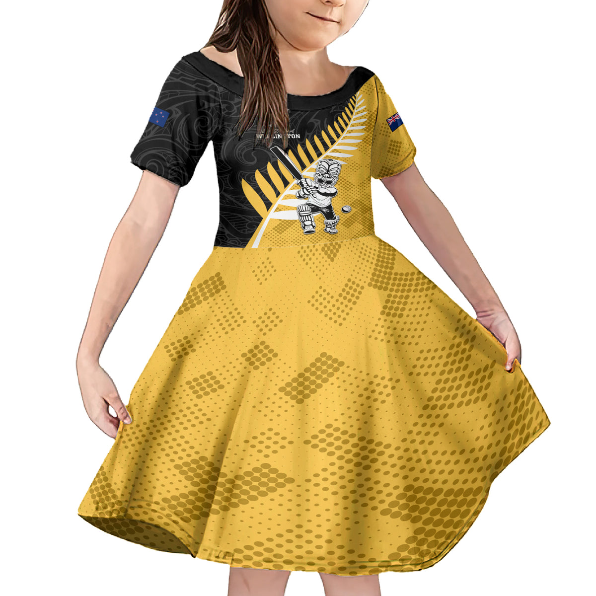 Custom New Zealand Wellington Cricket Family Matching Short Sleeve Bodycon Dress and Hawaiian Shirt With Maori Pattern LT05 Daughter's Dress Yellow - Polynesian Pride