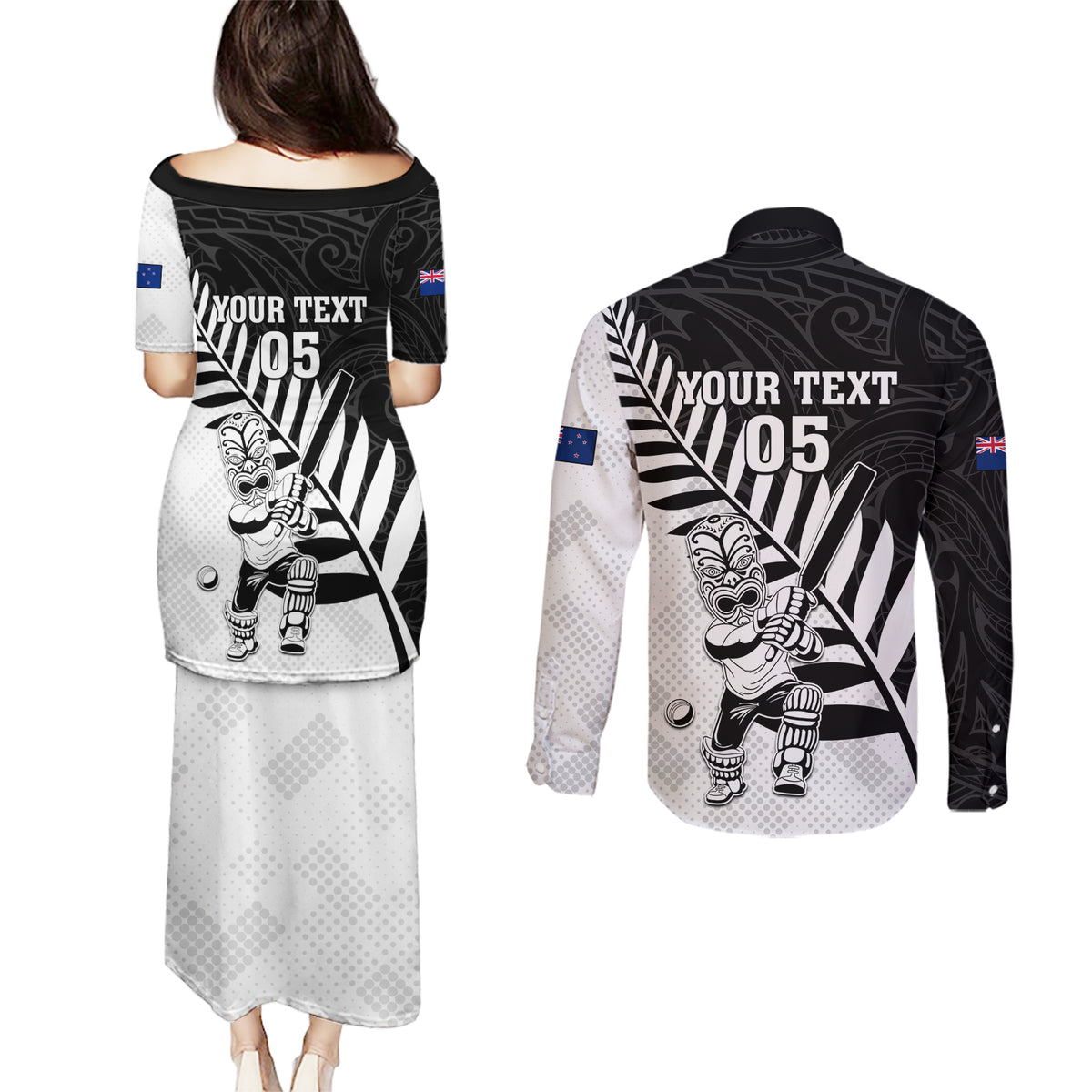 Custom New Zealand Cricket Couples Matching Puletasi and Long Sleeve Button Shirt With Maori Pattern
