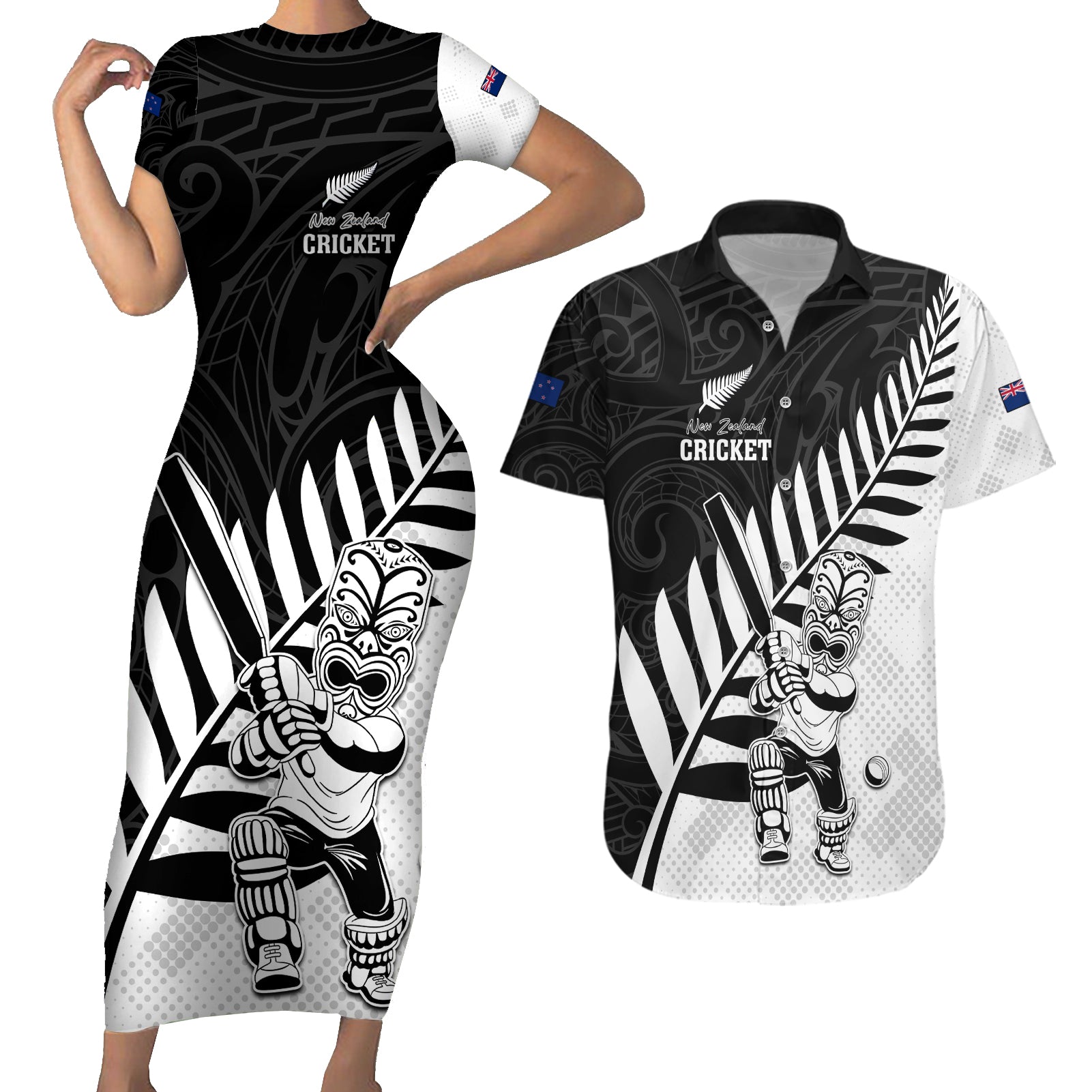 Custom New Zealand Cricket Couples Matching Short Sleeve Bodycon Dress and Hawaiian Shirt With Maori Pattern