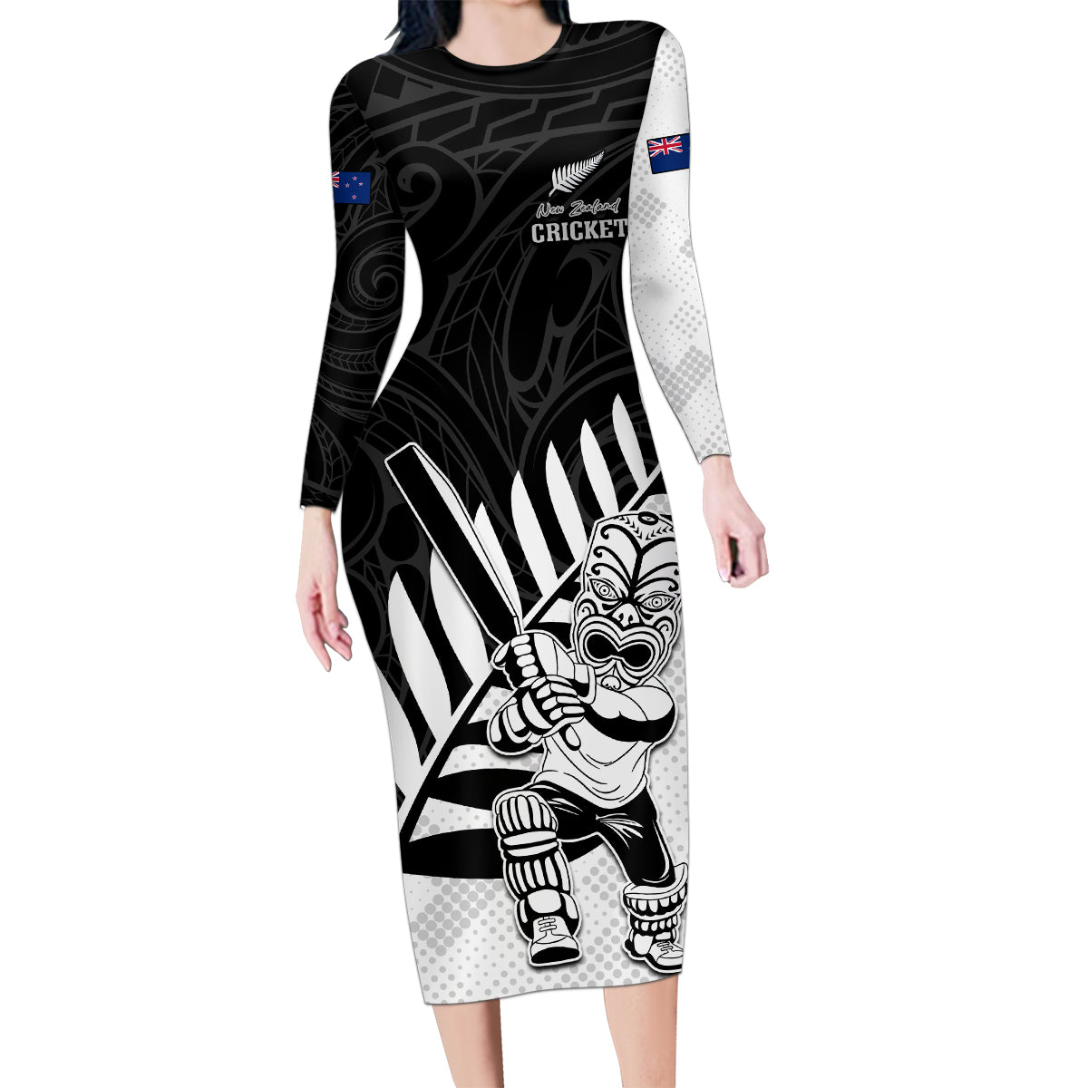 Custom New Zealand Cricket Family Matching Long Sleeve Bodycon Dress and Hawaiian Shirt With Maori Pattern LT05 Mom's Dress Black - Polynesian Pride