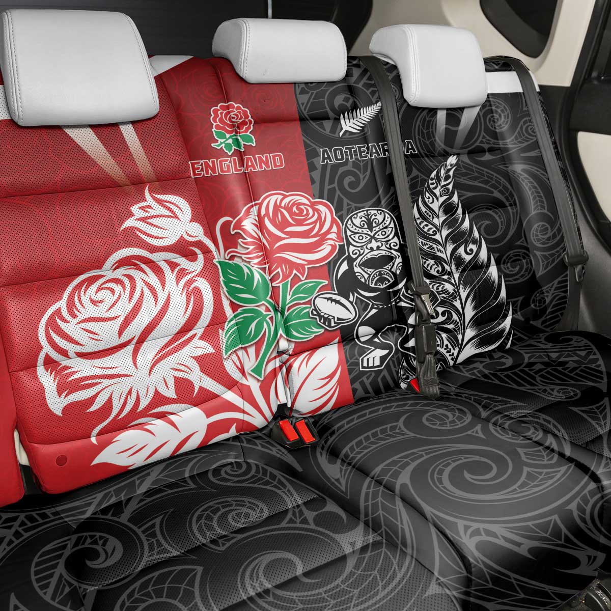 New Zealand And England Rugby Back Car Seat Cover Maori Tiki With Red Rose Together