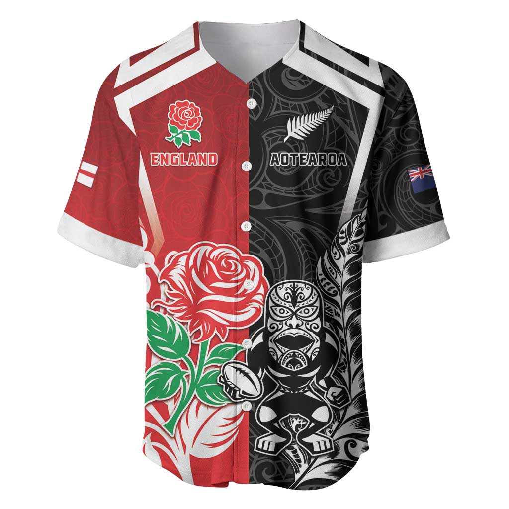 New Zealand And England Rugby Custom Baseball Jersey Maori Tiki With Red Rose Together