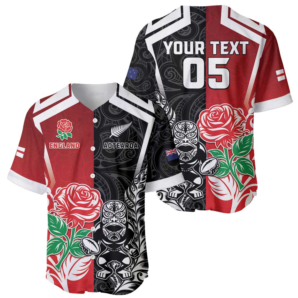 New Zealand And England Rugby Custom Baseball Jersey Maori Tiki With Red Rose Together