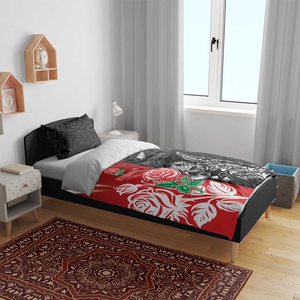 New Zealand And England Rugby Bedding Set Maori Tiki With Red Rose Together