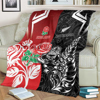New Zealand And England Rugby Blanket Maori Tiki With Red Rose Together