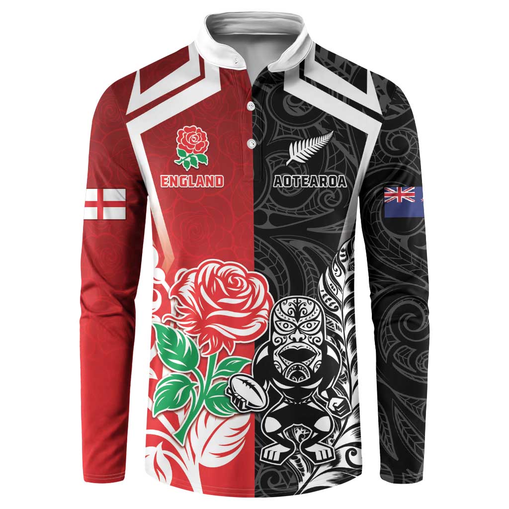 New Zealand And England Rugby Custom Button Sweatshirt Maori Tiki With Red Rose Together