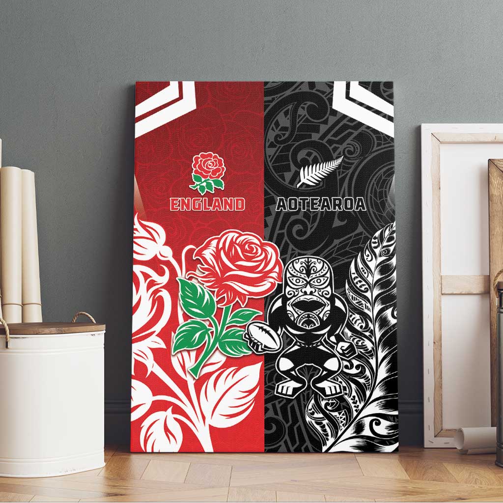 New Zealand And England Rugby Canvas Wall Art Maori Tiki With Red Rose Together