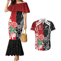 New Zealand And England Rugby Custom Couples Matching Mermaid Dress and Hawaiian Shirt Maori Tiki With Red Rose Together