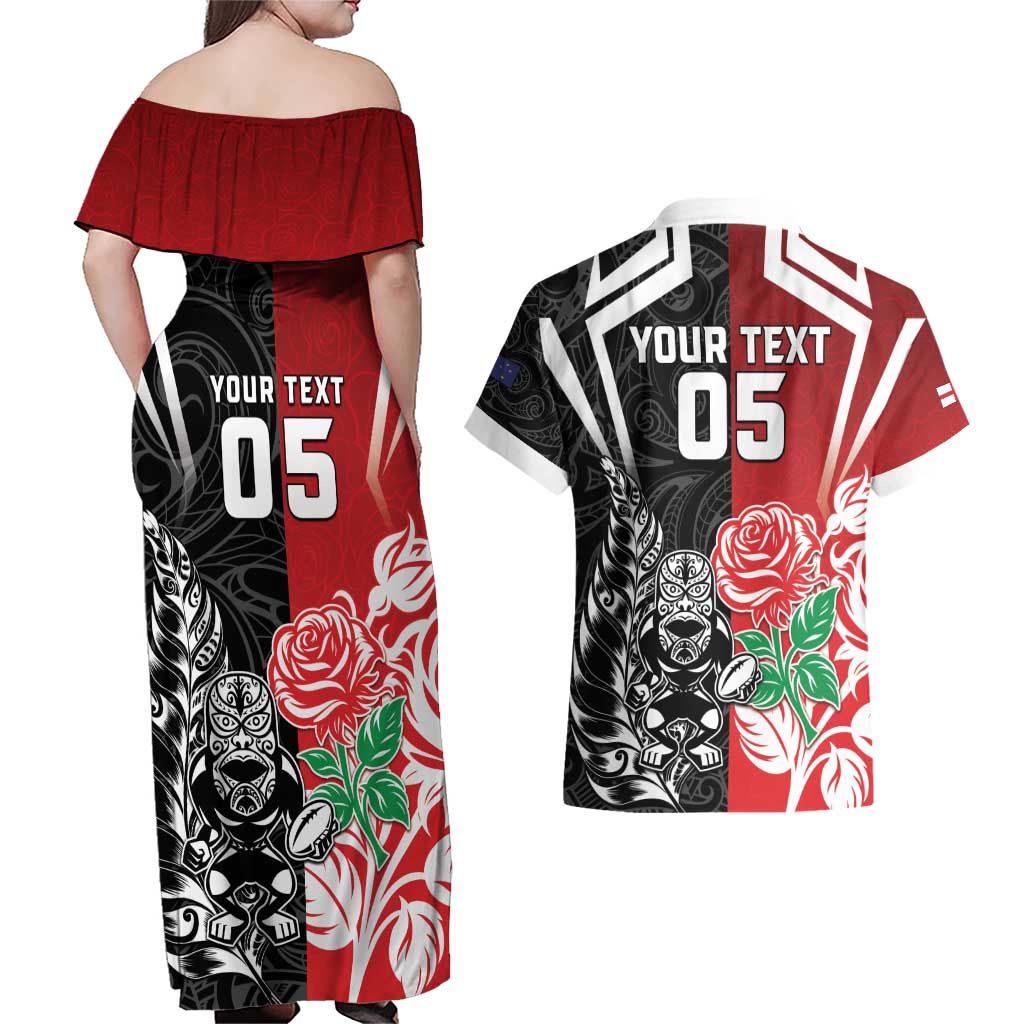 New Zealand And England Rugby Custom Couples Matching Off Shoulder Maxi Dress and Hawaiian Shirt Maori Tiki With Red Rose Together