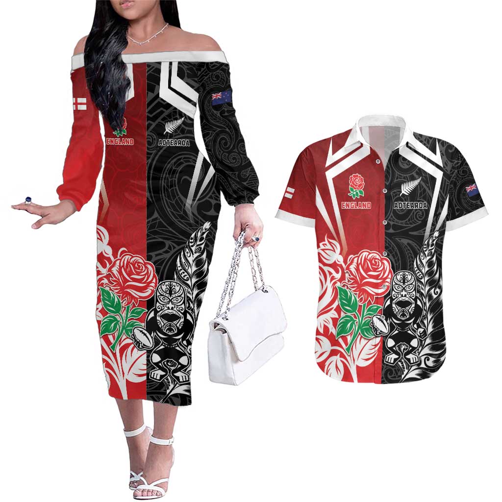 New Zealand And England Rugby Custom Couples Matching Off The Shoulder Long Sleeve Dress and Hawaiian Shirt Maori Tiki With Red Rose Together
