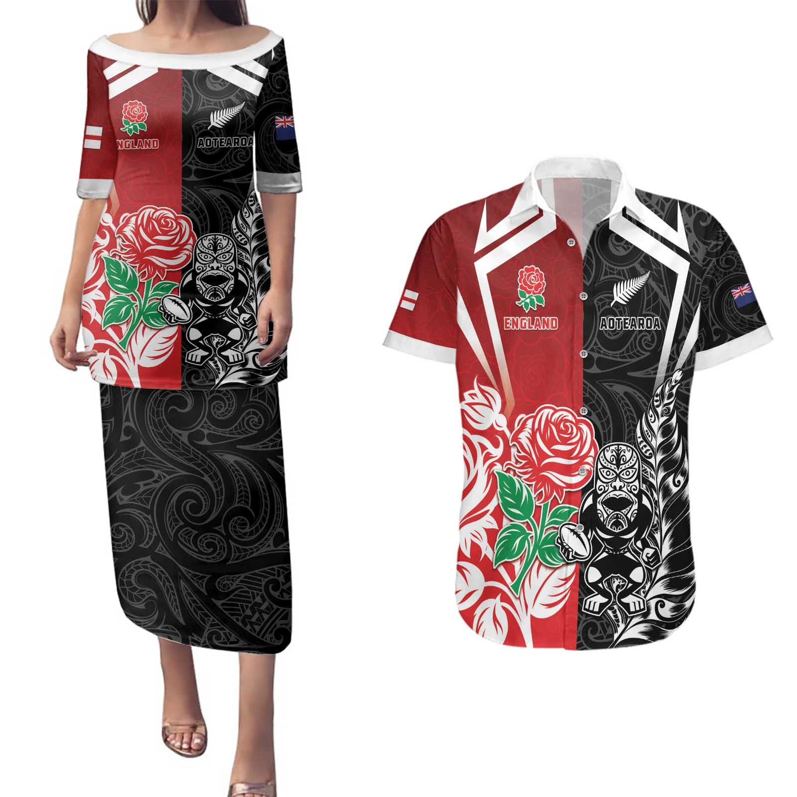 New Zealand And England Rugby Custom Couples Matching Puletasi and Hawaiian Shirt Maori Tiki With Red Rose Together