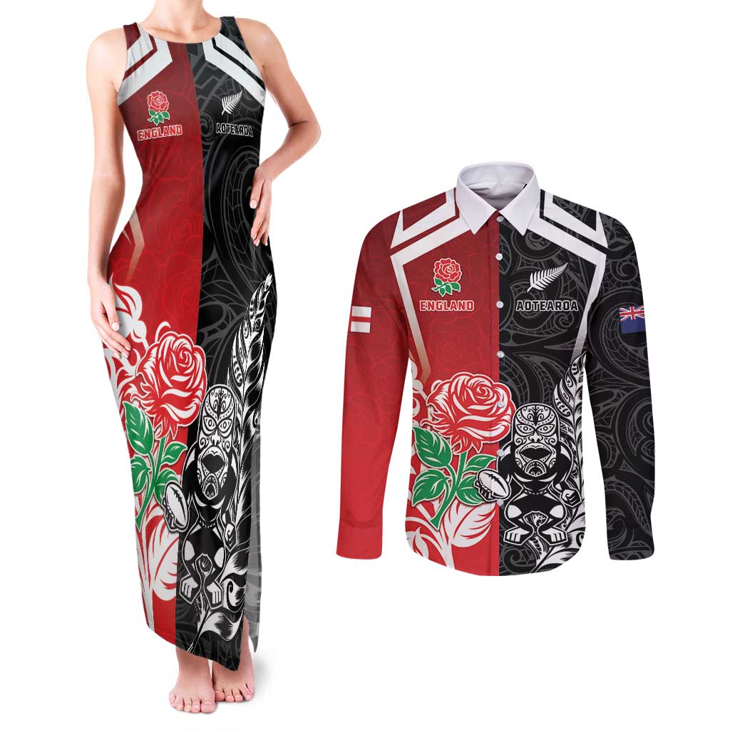 New Zealand And England Rugby Custom Couples Matching Tank Maxi Dress and Long Sleeve Button Shirt Maori Tiki With Red Rose Together