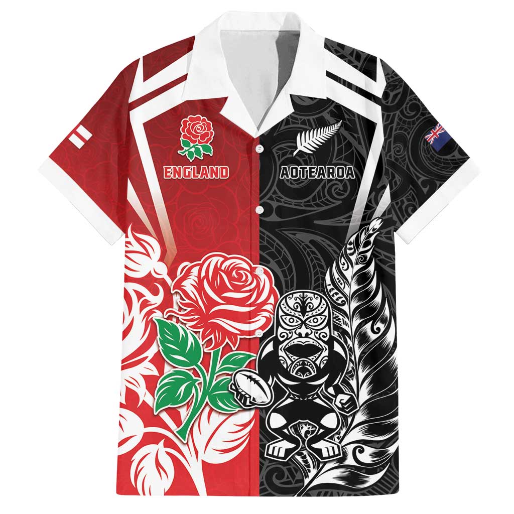 New Zealand And England Rugby Custom Family Matching Long Sleeve Bodycon Dress and Hawaiian Shirt Maori Tiki With Red Rose Together